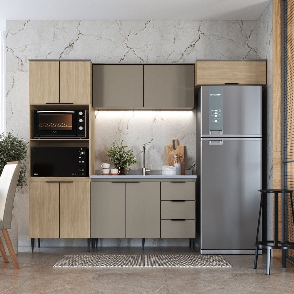 Cozinha Completa Modulada 4 Peças com Aéreo de Madeira e Aéreo para Geladeira Lavínia Imperial/Fumê