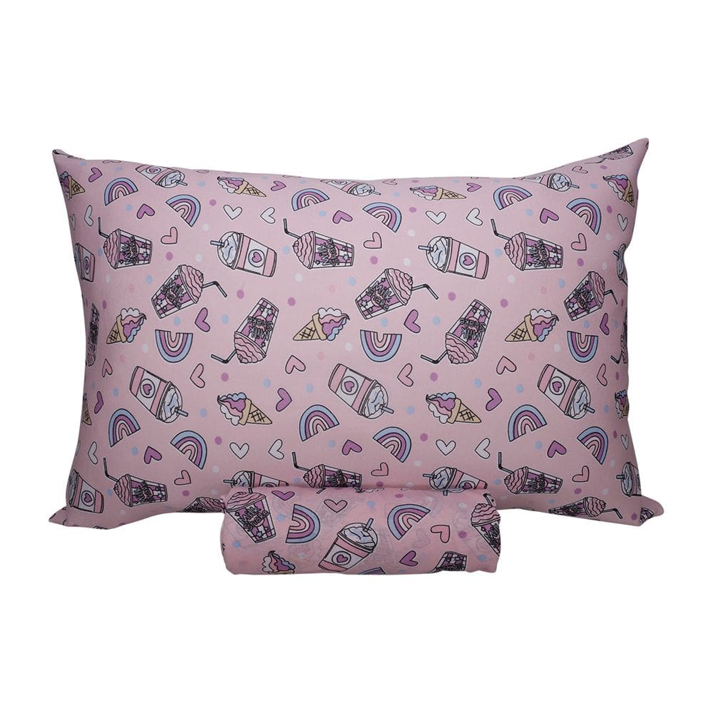 Jogo de Lençol Solteiro KazzaVip Malha Misto 70% Algodão e 30% Poliéster Estampado com Elástico 2 Peças Milk Skake Rosa