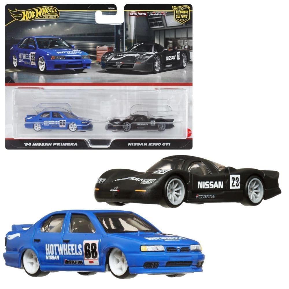 Veículo de brinquedo Hot Wheels HRR74 Premium, pacote com 2 Nissan R390 GT1/94 Nissan Primera para crianças de 3 anos ou mais