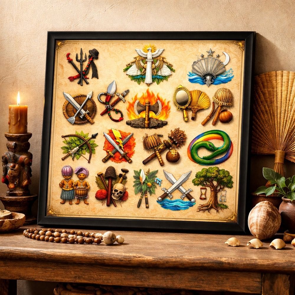 Quadro Orixás Símbolos 33x33cm Mold Preta Vidro