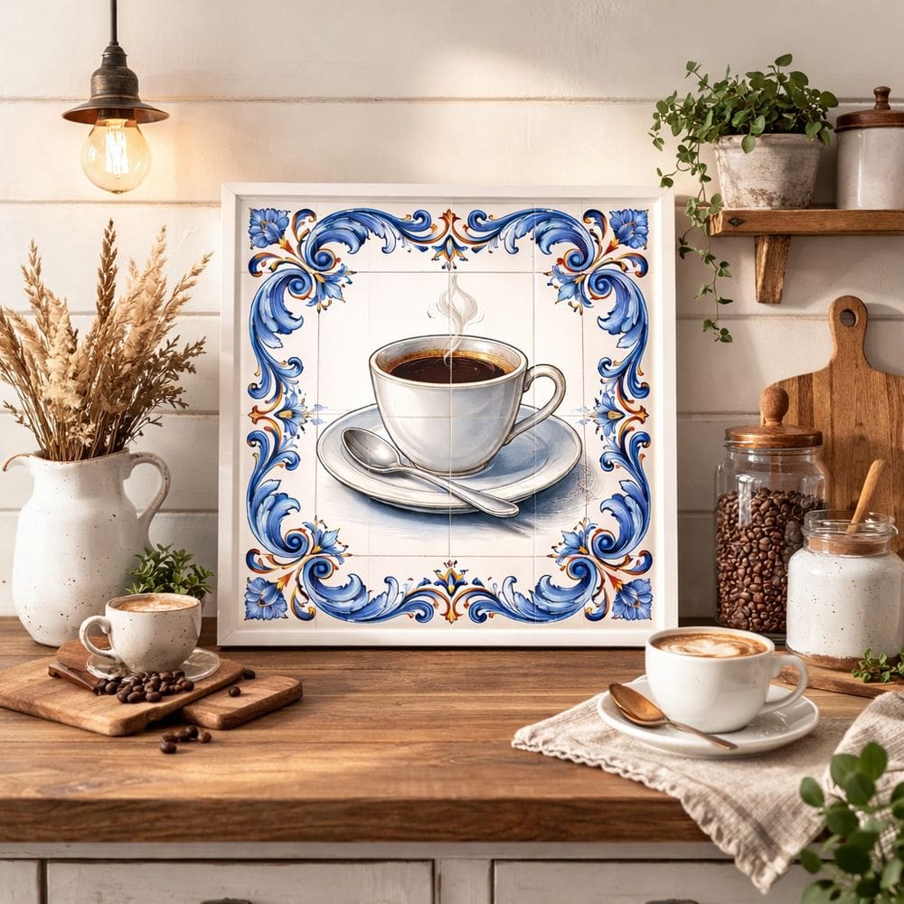 Quadro Xícara de Café Vintage 33x33cm Mold Branca Vidro