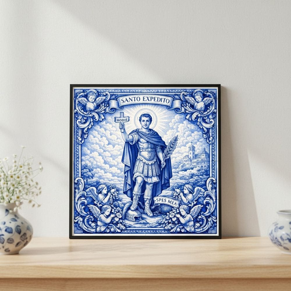 Quadro Estilo Azulejo Santo Expedito 33x33 Mold Preta Vidro