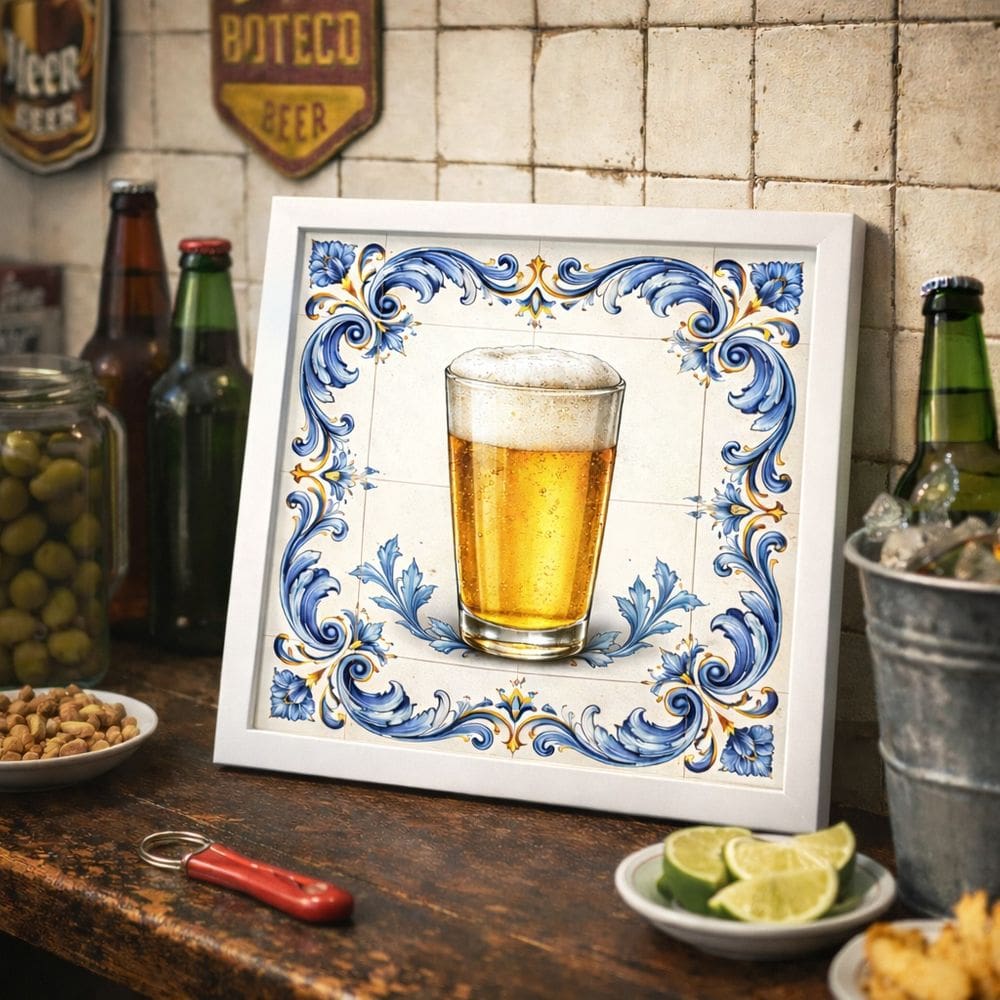Quadro Bar Boteco Copo Cerveja 33x33cm Mold Branca Vidro