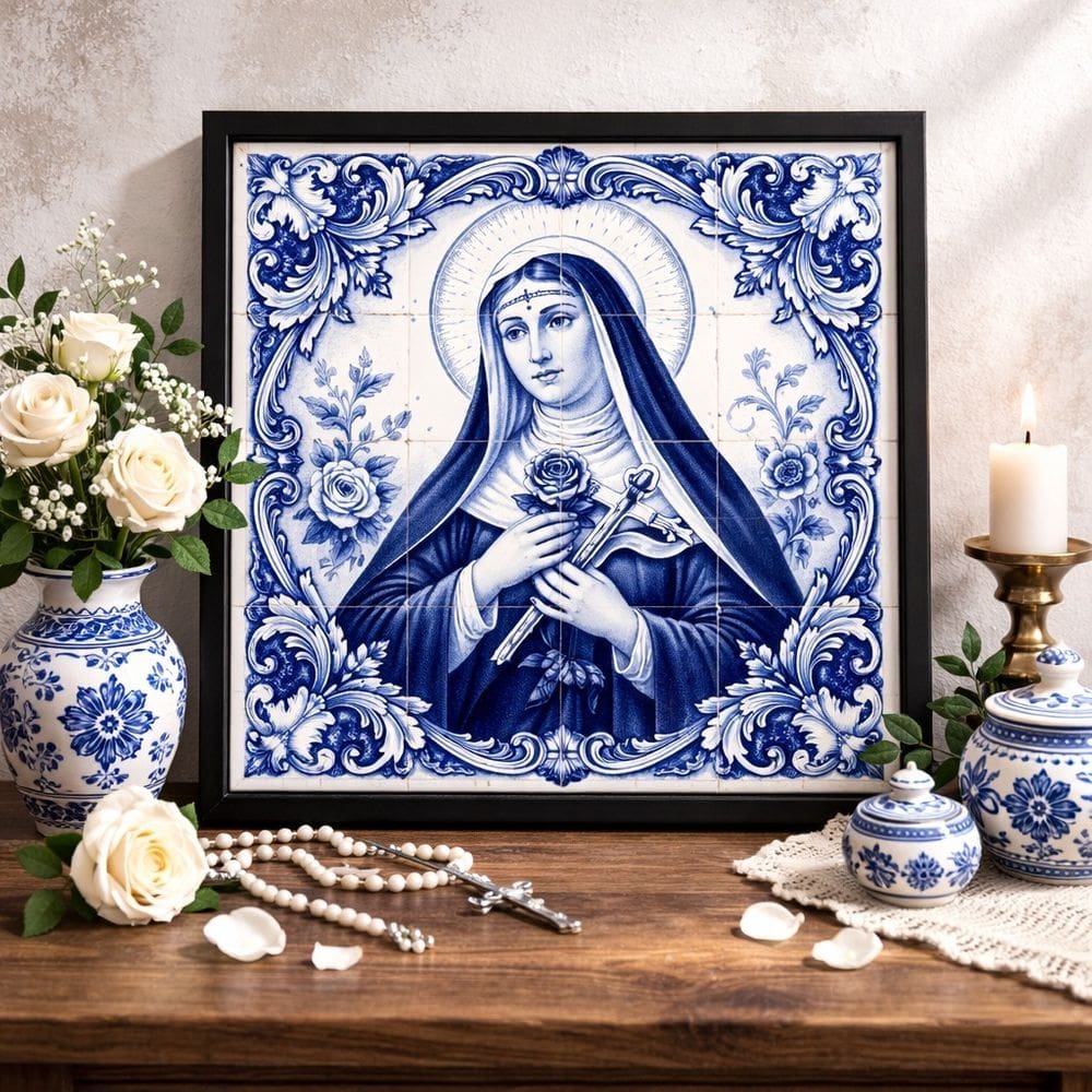 Quadro Santa Rita Cássia Tema Azulejo 33x33 Mold Branca