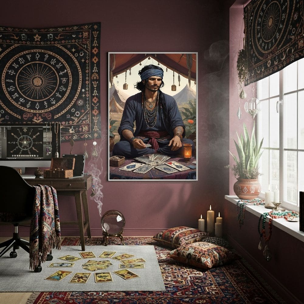 Quadro Decorativo Homem Cigano Com Tarot 70x50 Mold Preta