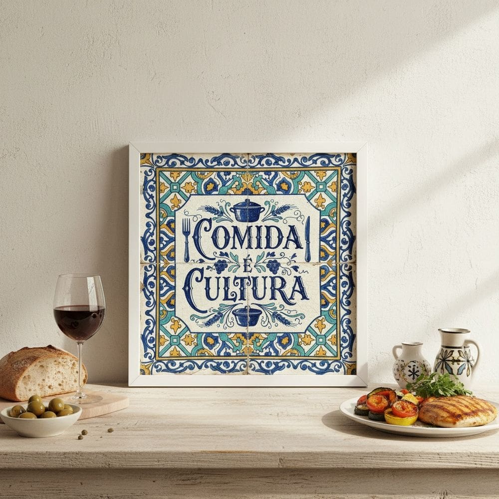 Quadro Estilo Azulejo Comida é Cultura 33x33cm Mold Preta