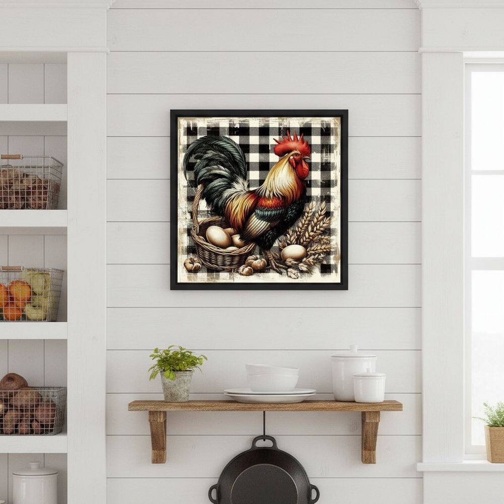 Quadro Cozinha Country Galo Xadrez 33x33cm Mold Preta Vidro
