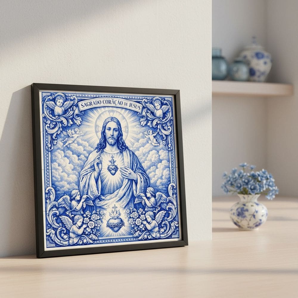 Quadro Estilo Azulejo Sgdo. Coração Jesus 33x33 Mold Preta