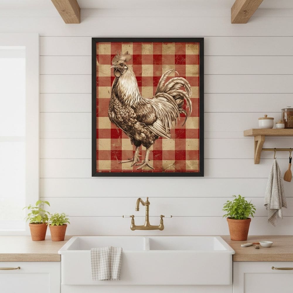 Quadr Cozinha Rústica Galo Xadrez 45x34cm Mold Preta Vidro