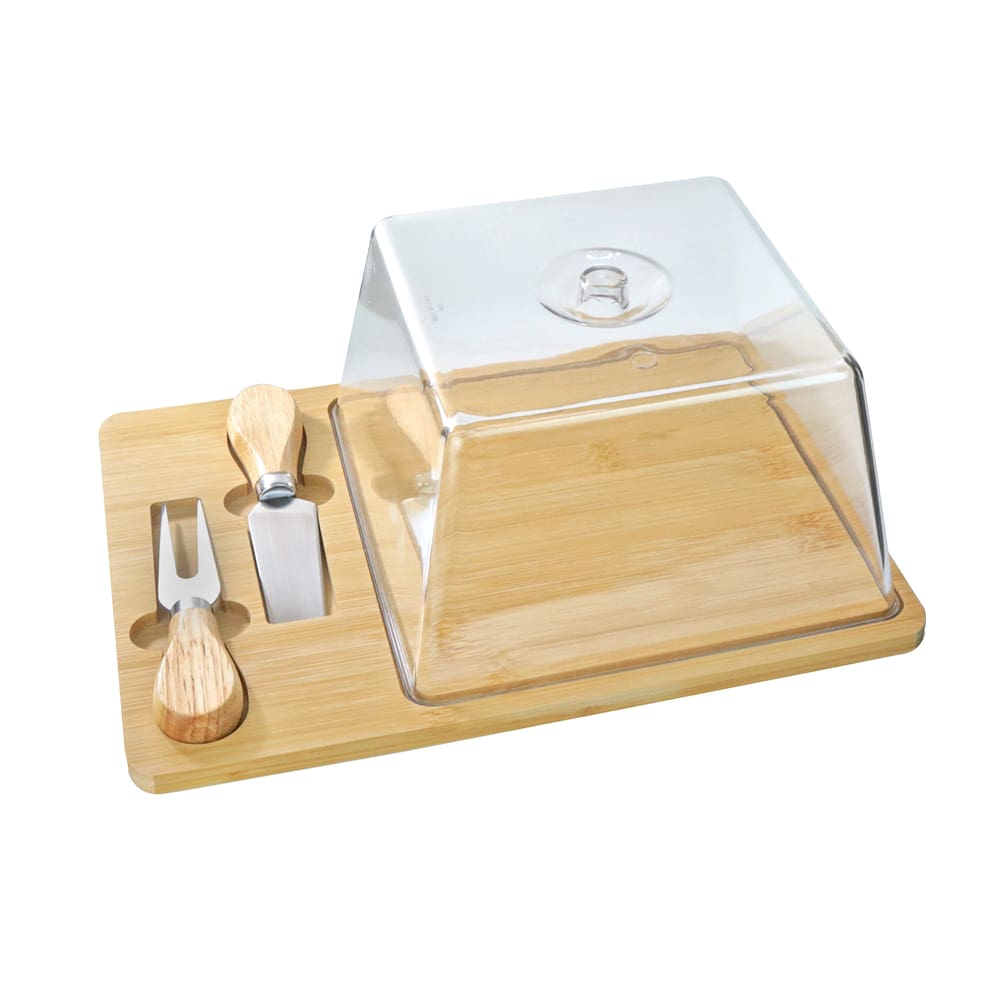 Conjunto Para Queijo De Bambu Com Tampa De Acrílico 01 Faca E 01 Garfo