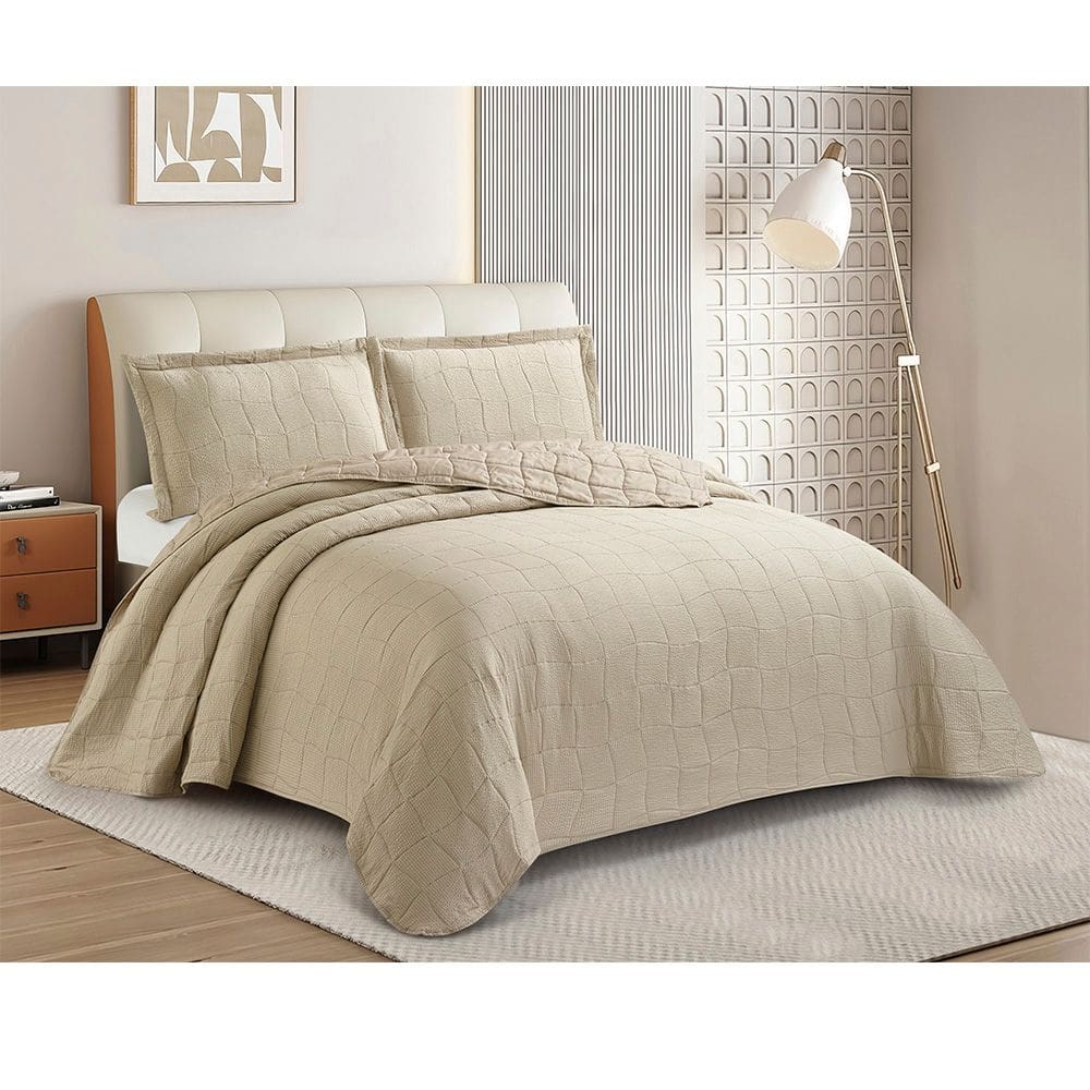 Kit Cobre Leito Colcha Anarruga 3 Peças Casal 220x240cm Bege Sonhare