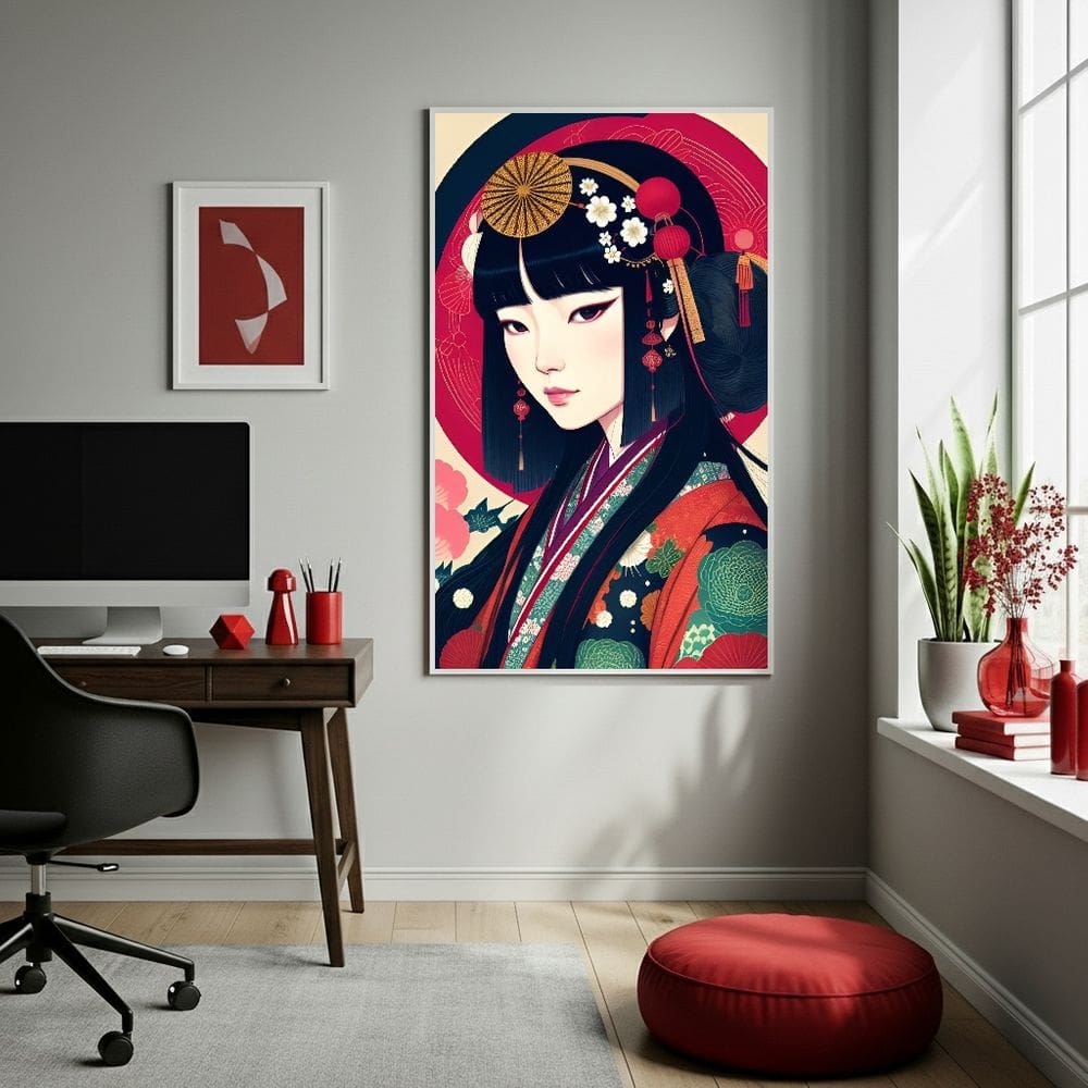 Quadro Decor Mulher Samurai Gueixa 70x50cm Mold Branca