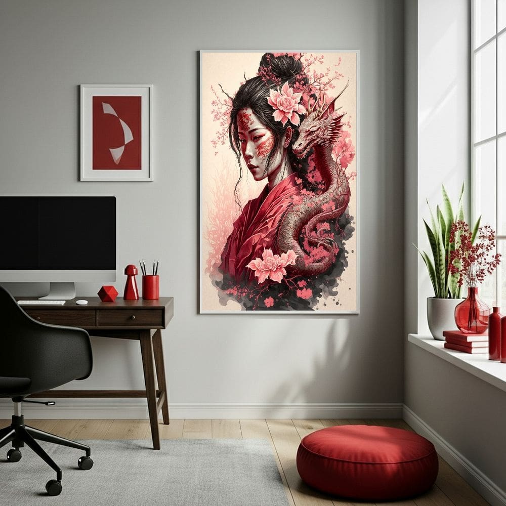 Quadro Decor Mulher Gueixa Dragão 70x50cm Mold Branca