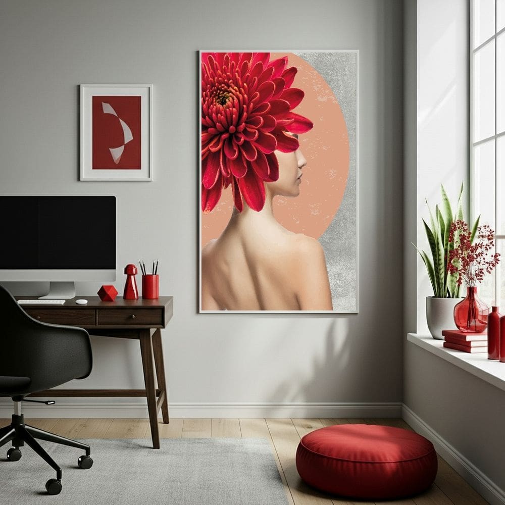 Quadro Decor Mulher Flor Vermelha 70x50cm Mold Preta