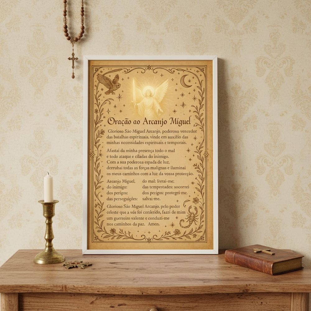 Quadro Oração ao Arcanjo Miguel 33x24cm Mold Branca Vidro