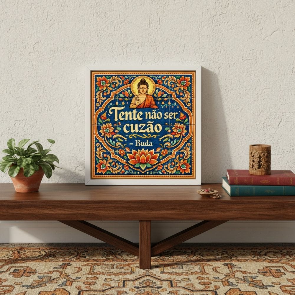 Quadro Estilo Azulejo Frase Buda 33x33cm Mold Preta Vidro