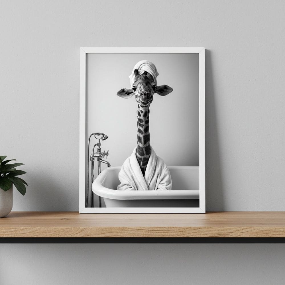 Quadro Divertido Banheiro Dona Girafa 45x34cm Mold Branca Vidro