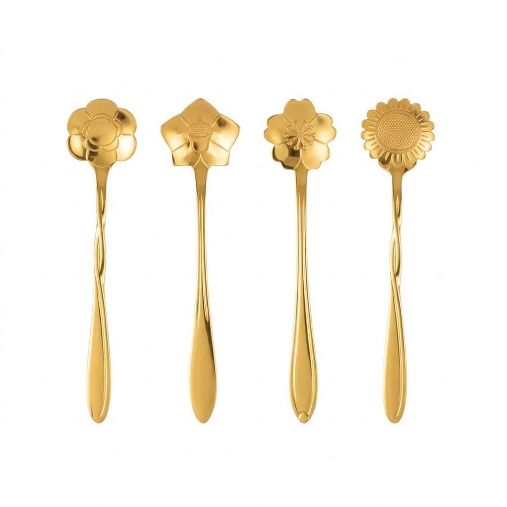 Conjunto 4 Colheres Aço Inox para Chá Flores Dourado Wolff