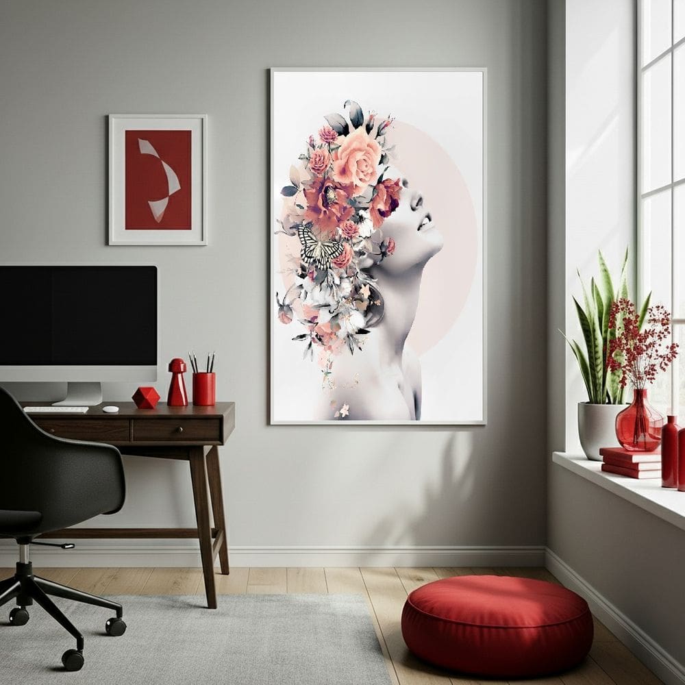 Quadro Decor Mulher Floral 70x50cm Mold Branca