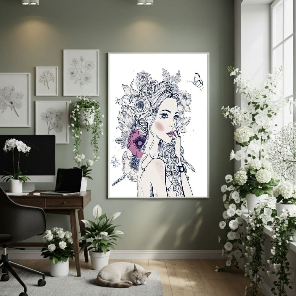 Quadro Decor Mulher Jovem Com Flores 70x50cm Mold Preta
