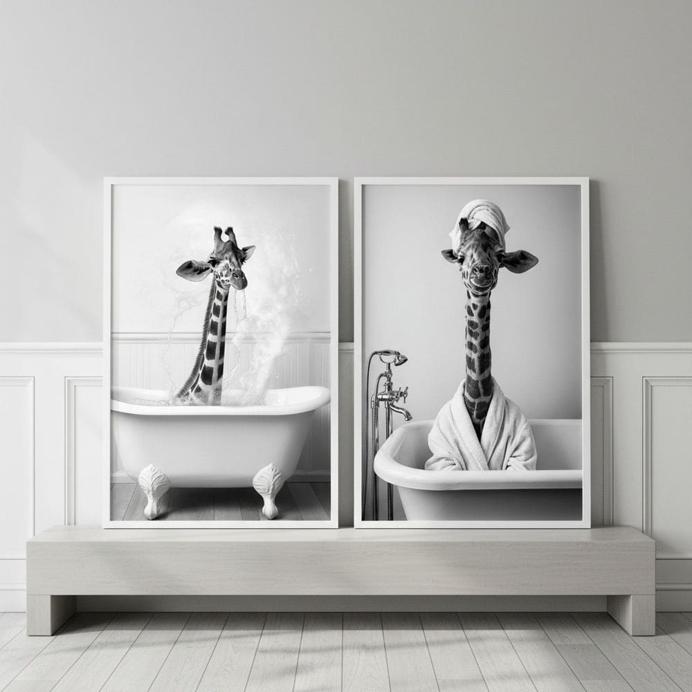 Kit 2 Quadros Para Banheiro Dona Girafa 45x34cm Mold Preta