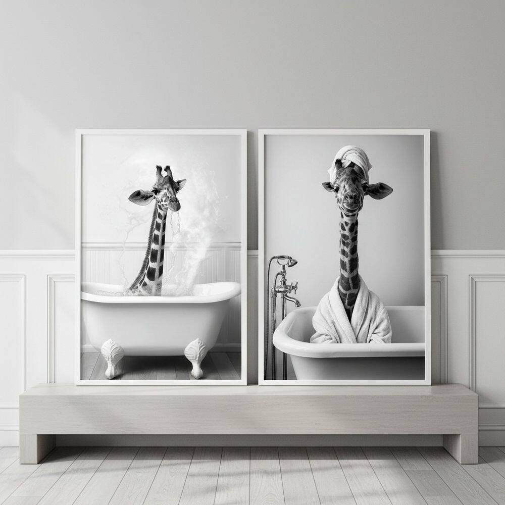 Kit 2 Quadros Para Banheiro Dona Girafa 33x24cm Mold Branca