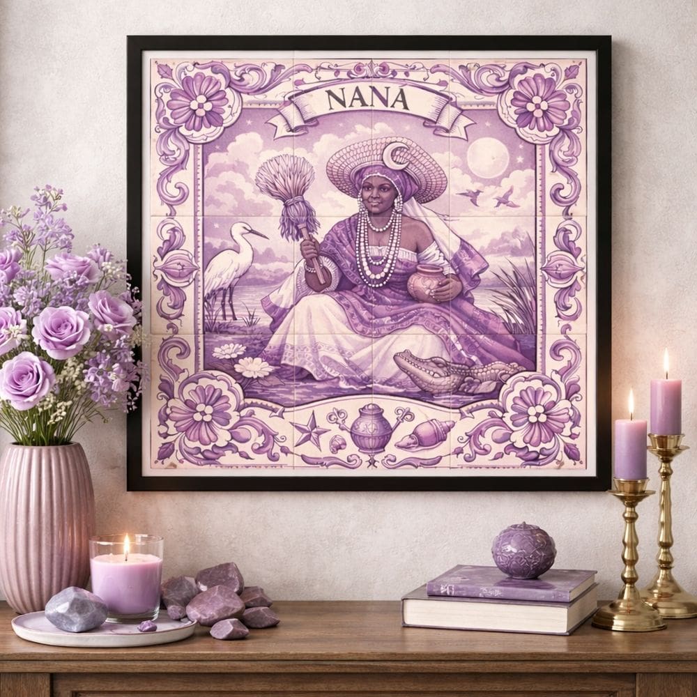 Quadro Estilo Azulejo Orixá Nanã 33x33cm Mold Preta Vidro