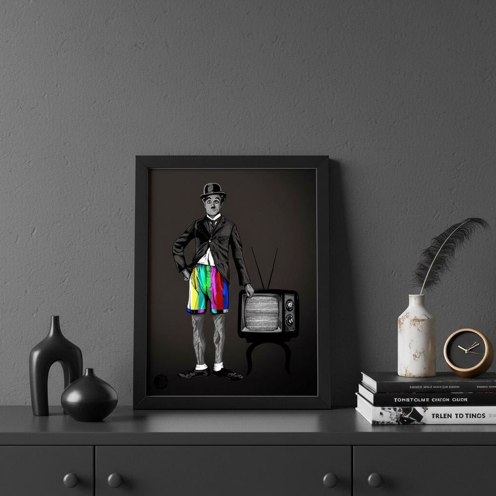 Quadro Decor Retrô Charlie Chaplin TV 33x24cm Mold Branca Vidro
