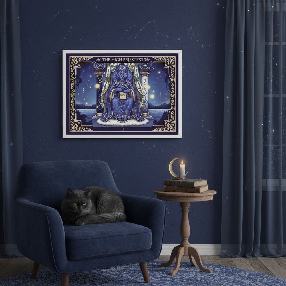 Quadro Carta Tarot Gatos A Sacerdotisa 70x50cm Mold Branca