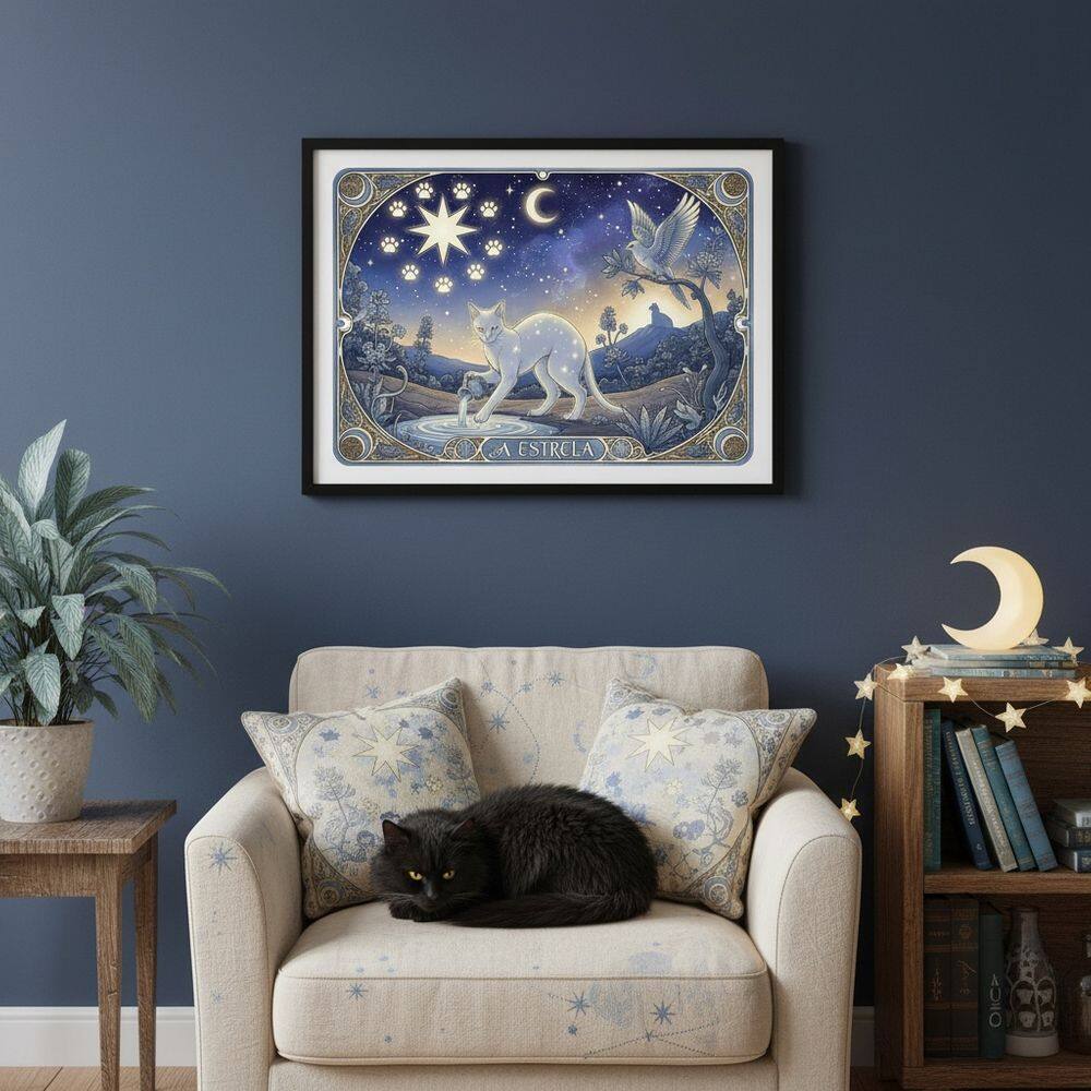 Quadro Carta Tarot Gatos A Estrela 70x50cm Mold Branca