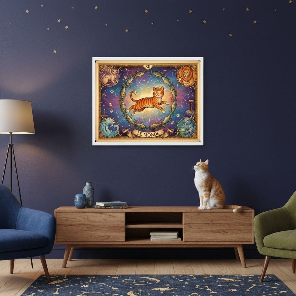 Quadro Carta Tarot Gatos O Mundo 70x50cm Mold Branca