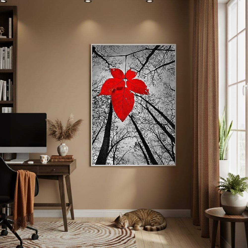 Quadro Decorativo Folha Vermelha 70x50cm Mold Branca