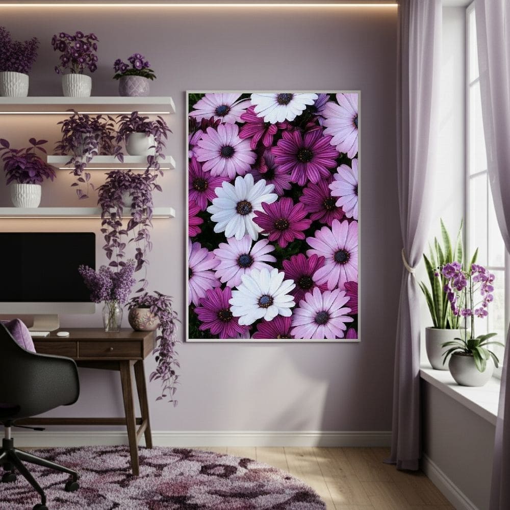Quadro Decor Flores Brancas E Roxas 70x50cm Mold Preta