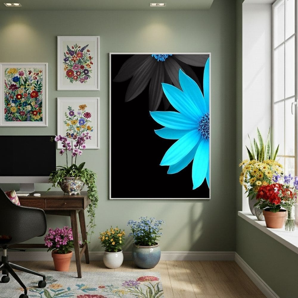 Quadro Decorativo Flor Azul Artificial 70x50cm Mold Branca