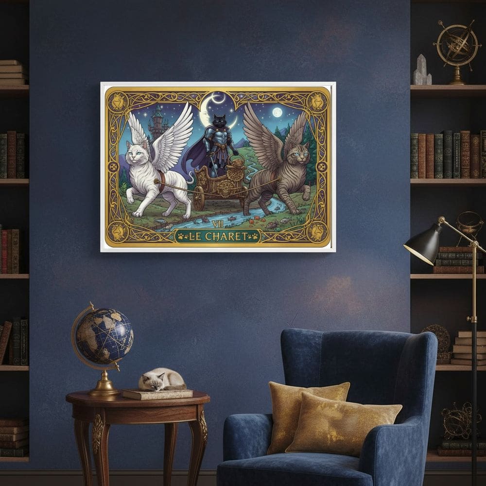 Quadro Carta Tarot Gatos O Carro 70x50cm Mold Preta