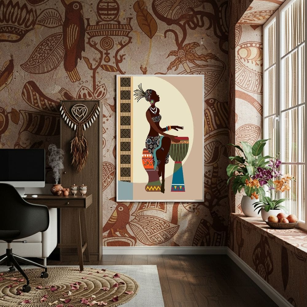 Quadro Decor Africana Tocando Tambor 70x50cm Mold Branca