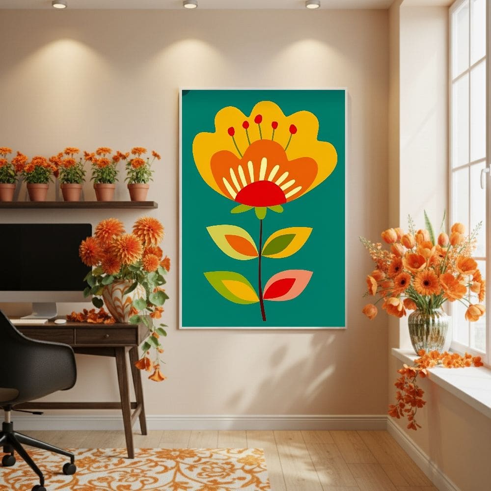 Quadro Decorativo Flor Tons De Laranja 70x50cm Mold Preta