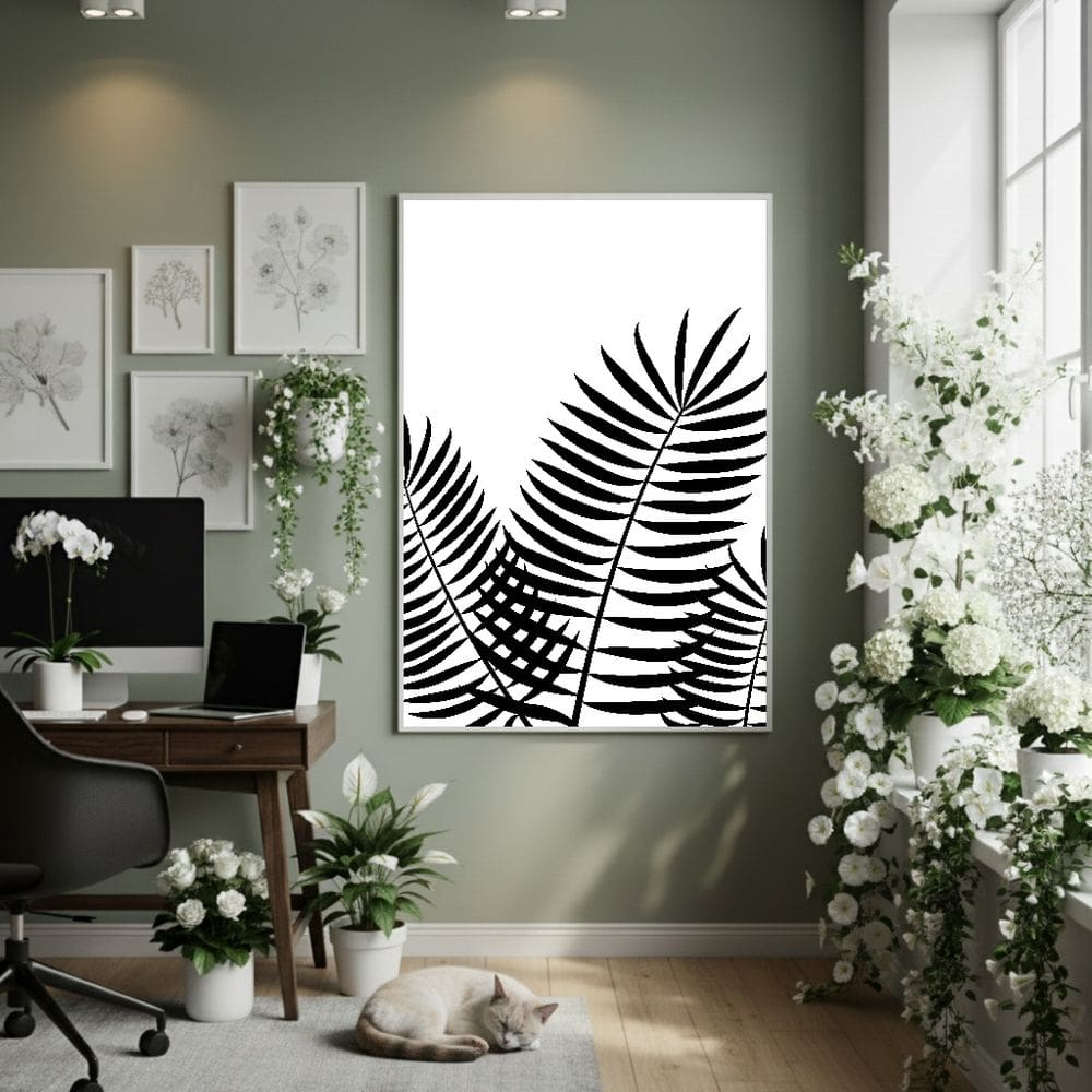 Quadro Decorativo Folhas Pretas 70x50cm Mold Branca