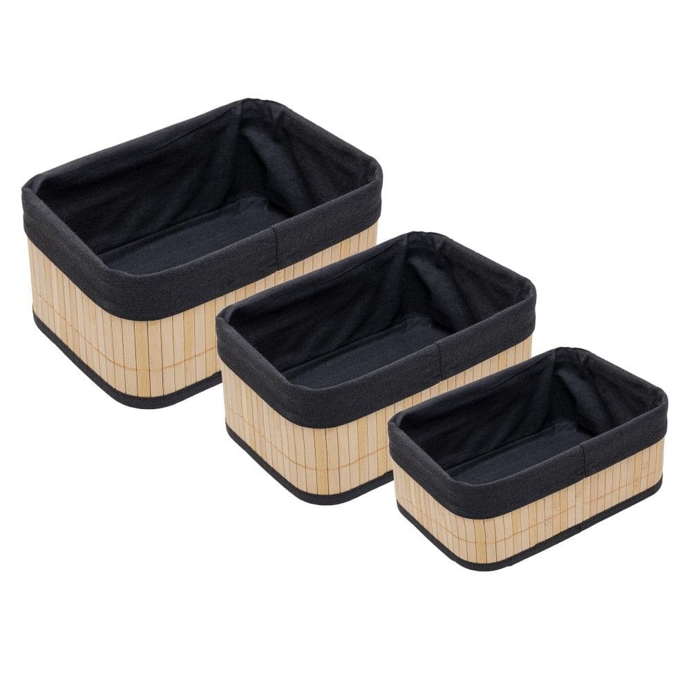 Conjunto 3 Cestos Retangulares de Bambu com Forro em Tecido Preto Lyor