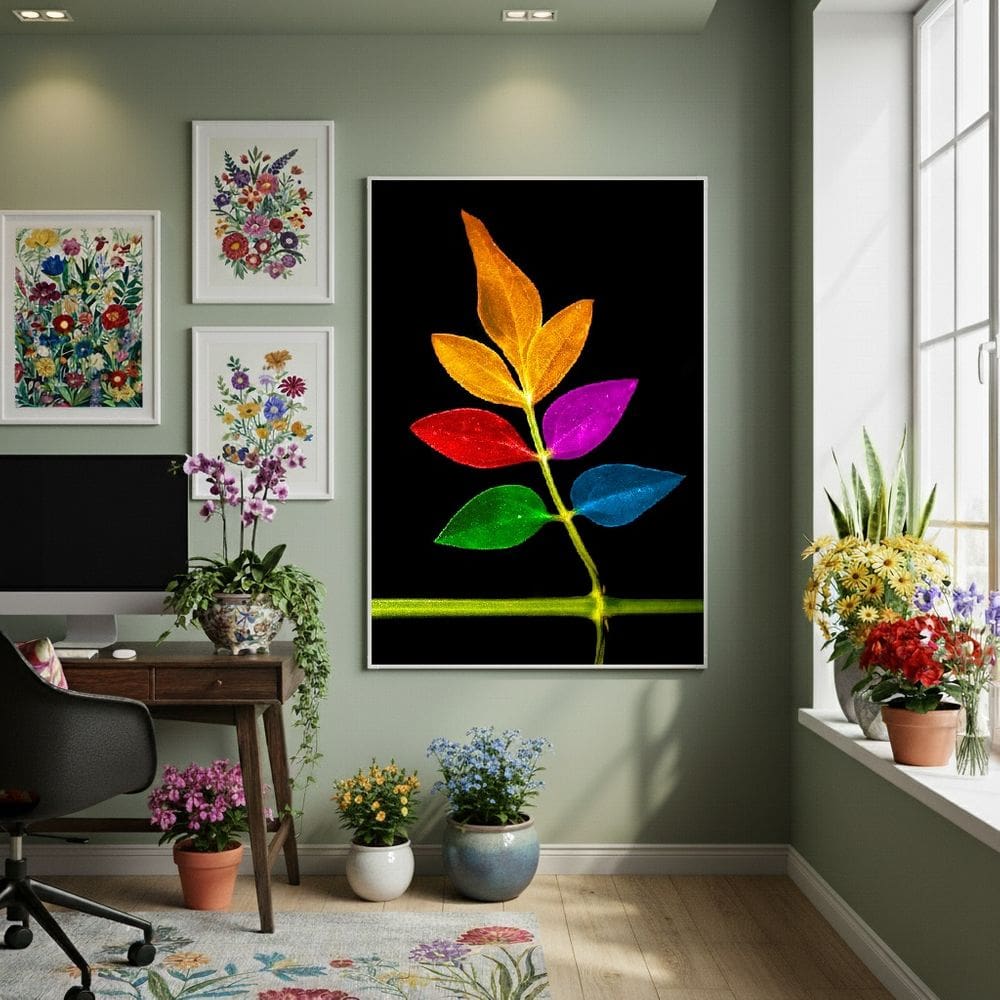 Quadro Decorativo Folha MultiColorida 70x50cm Mold Branca