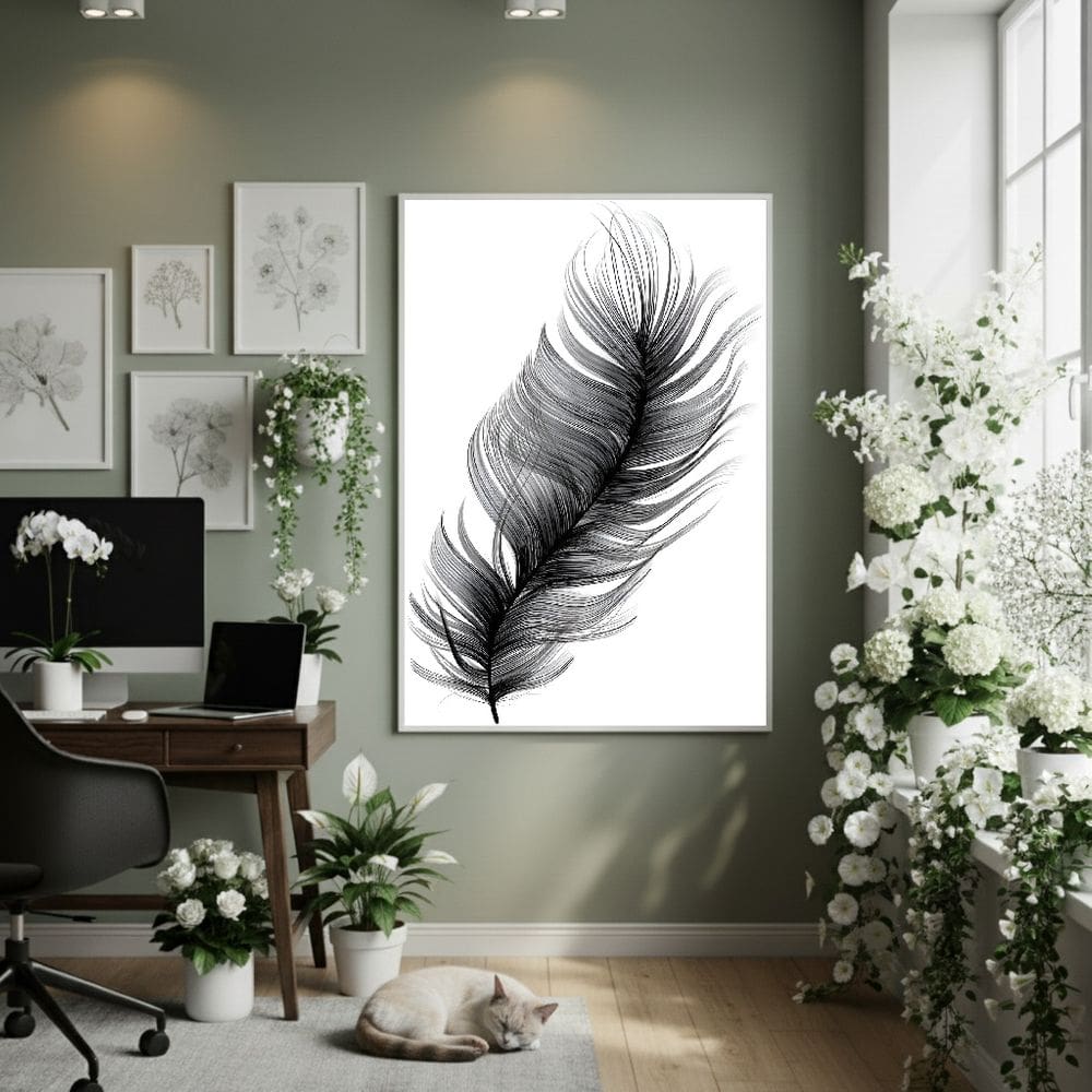 Quadro Decorativo Folha Pena 70x50cm Mold Branca