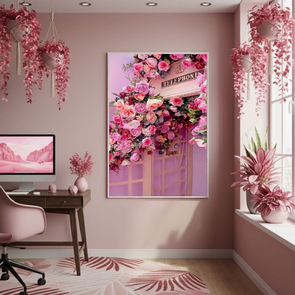 Quadro Decorativo Cabine Floral Rosa 70x50cm Mold Preta