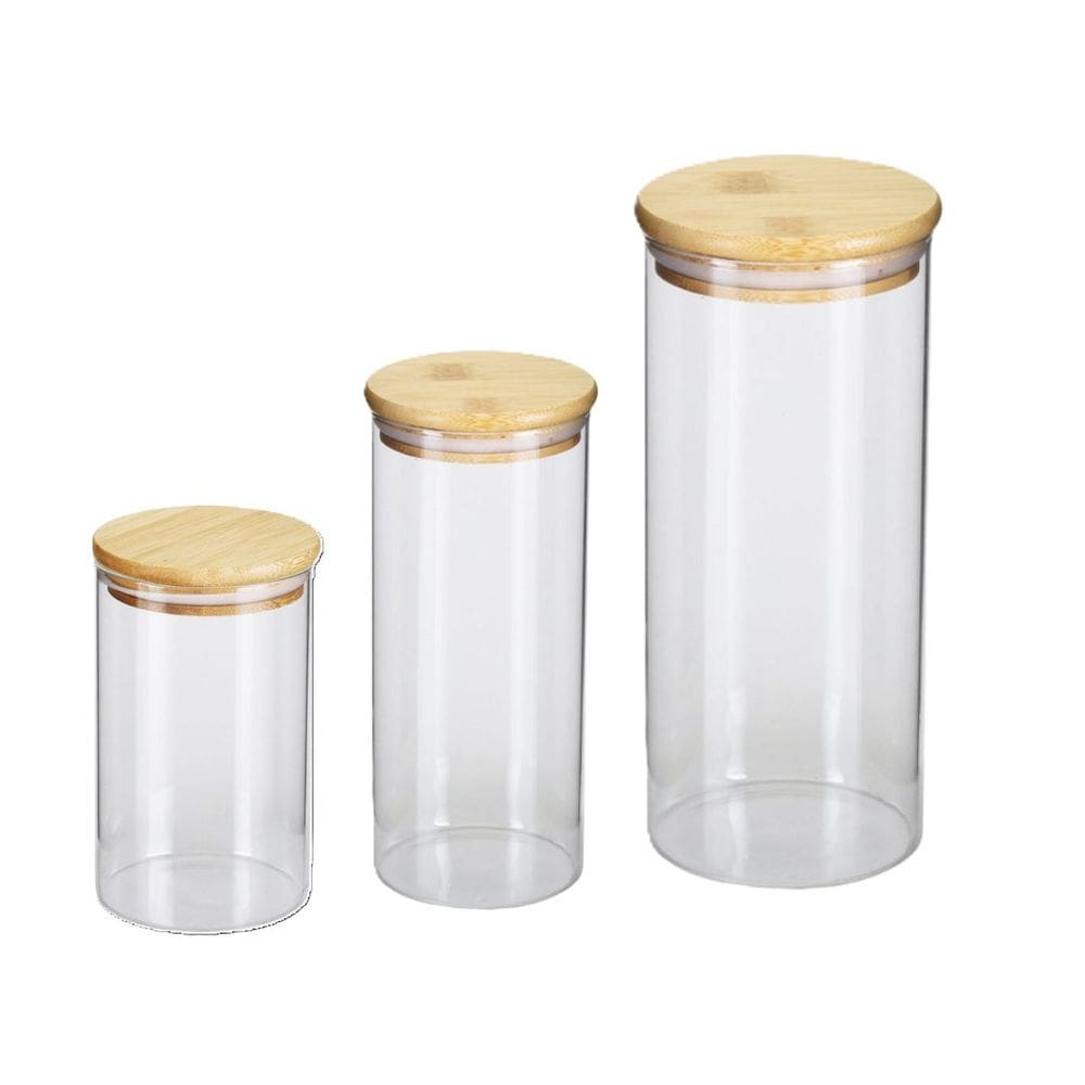 Jogo de 3 Potes Herméticos de Vidro Tampa de Bambu Oikos