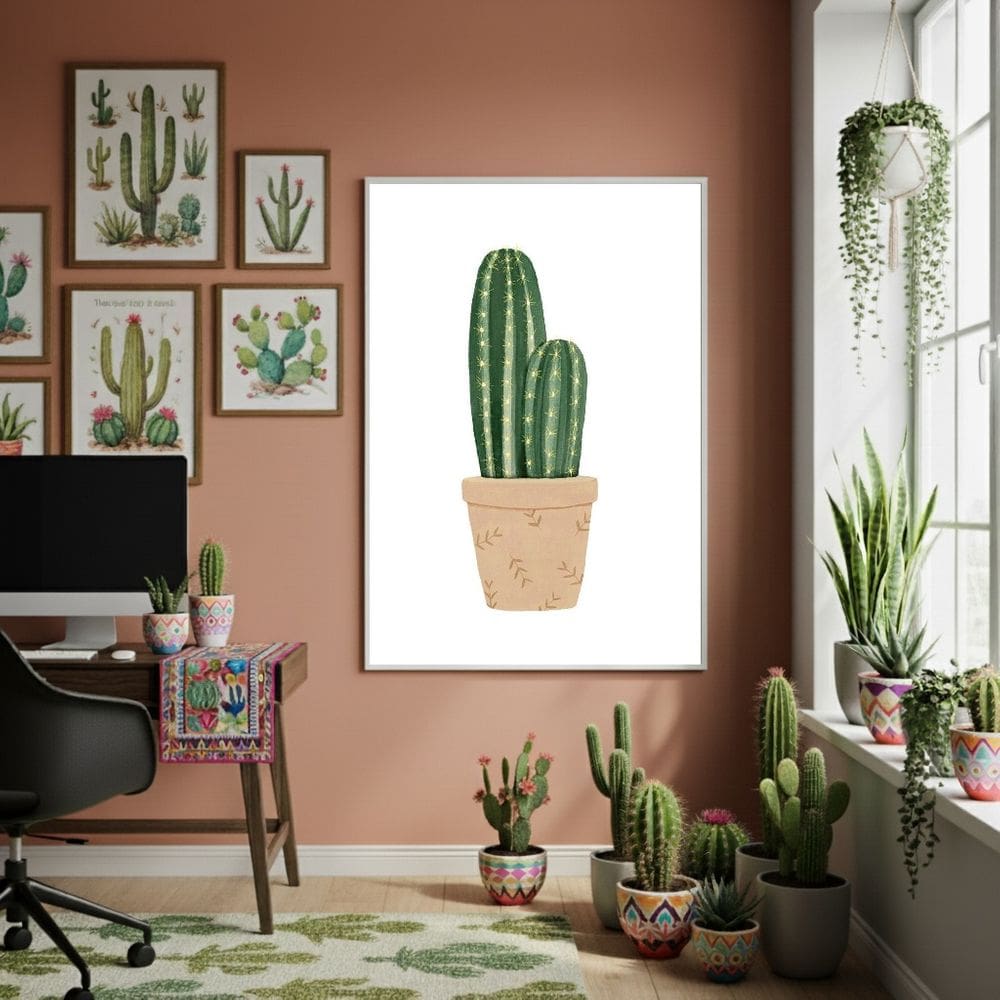 Quadro Decorativo Cacto No Vaso - 70x50cm Mold Branca