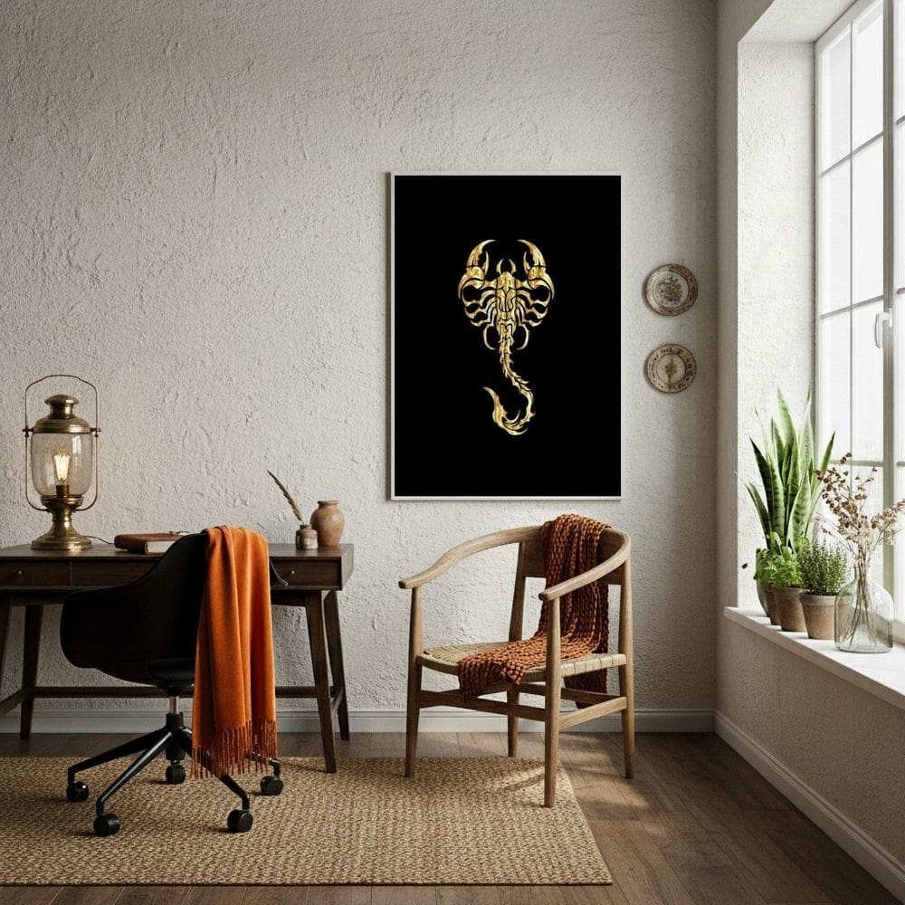 Quadro Decorativo Arte de Escorpião Dourado - 70x50cm