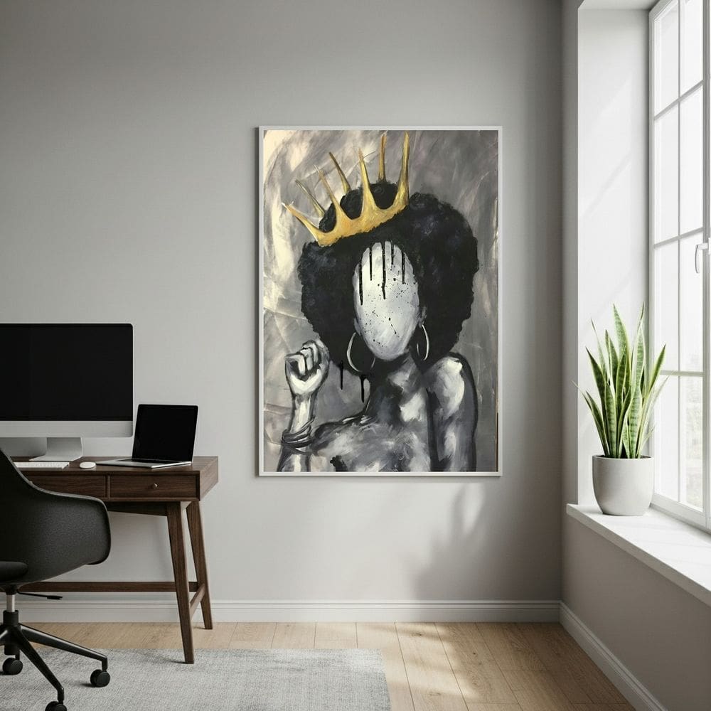 Quadro Decorativo Arte Abstrata Negra Com Coroa - 70x50cm