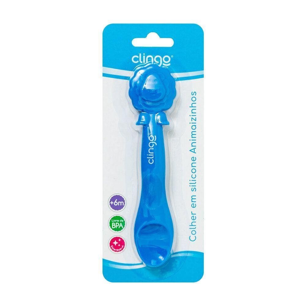 Colher Em Silicone Premium Leão Azul Seguro Para As Gengivas Do Bebê