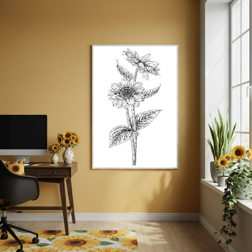 Quadro Girassol Desenho Fino - 70x50cm Mold Branca