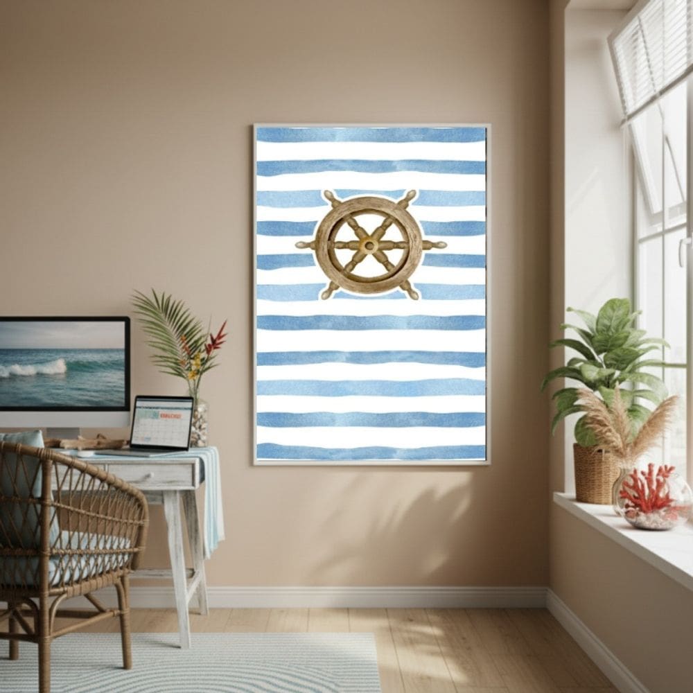 Quadro Decorativo Timão Navio Fundo Listrado-70x50cm
