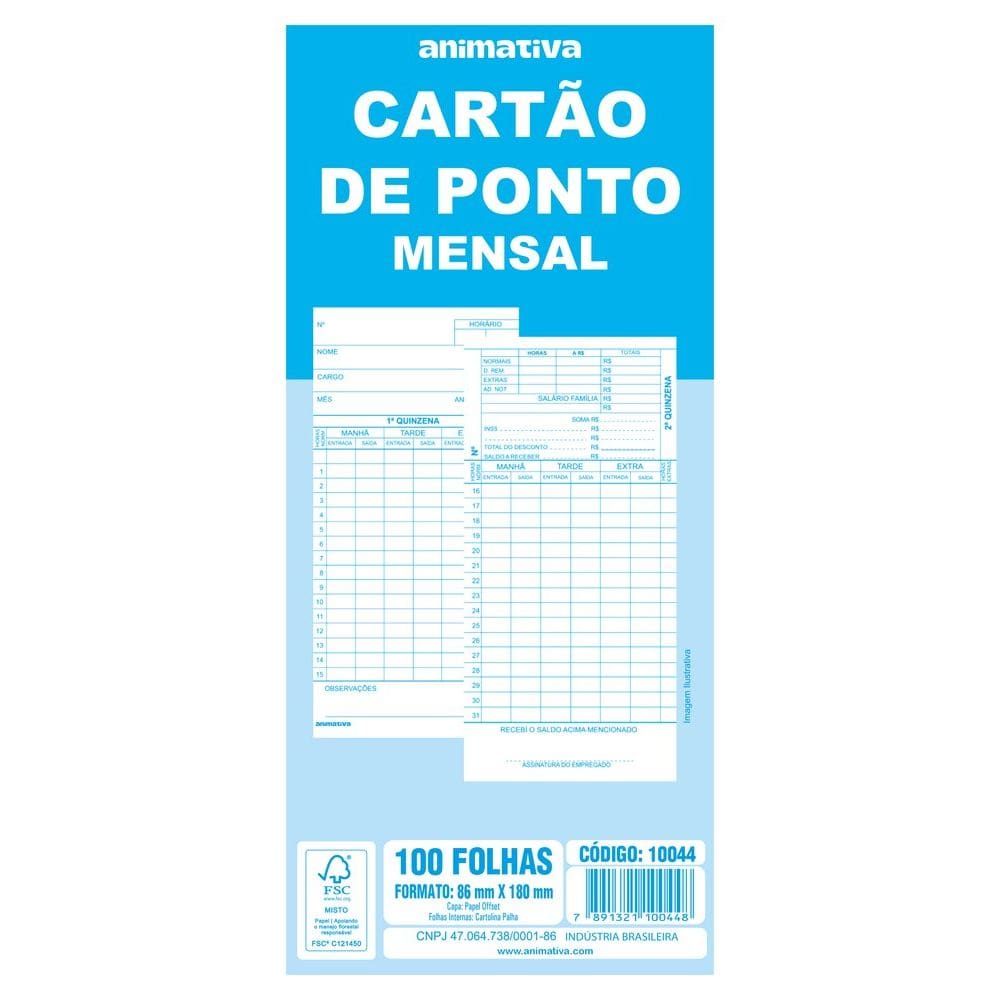 Cartão de Ponto Mensal 100 Folhas
